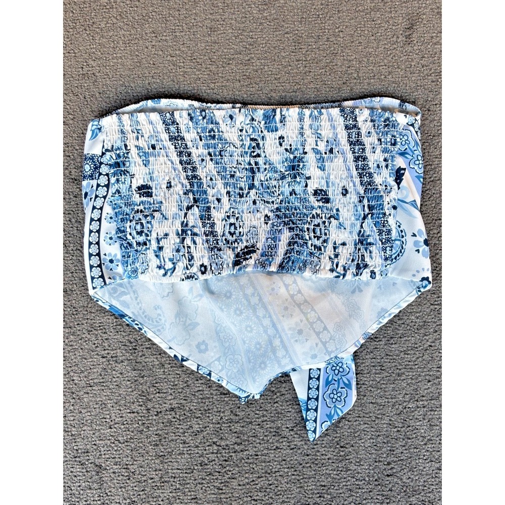 Altard State Bikini Top Women's XL Blue White Polyester Floral Smocked Knotted